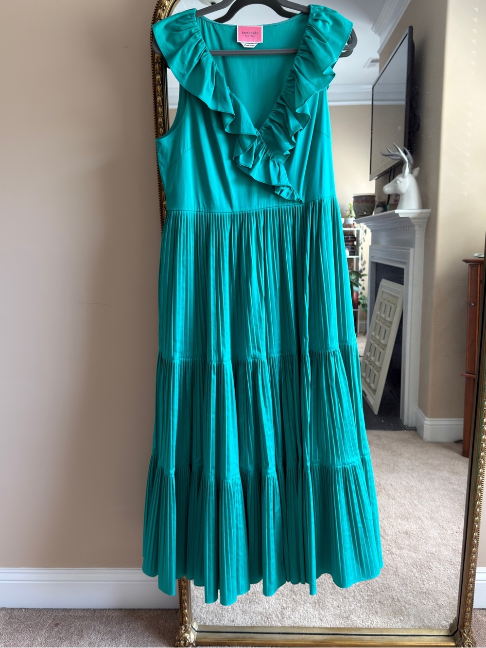 kate spade Teal Ruffle V-Neck Tiered Midi Dress